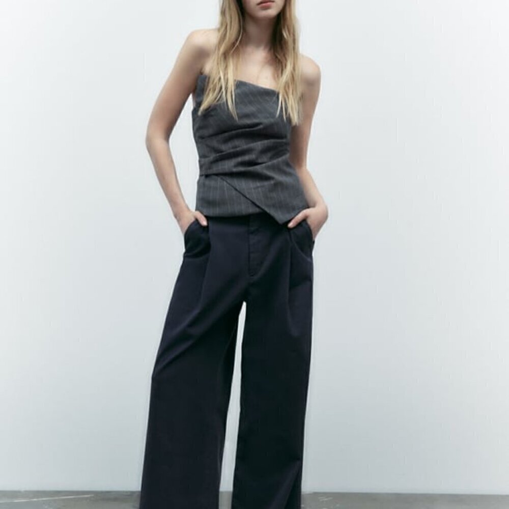 New Zara Pinstripe Strapless Ruched Dark Gray Corset Top XL Blogger Favorite - Picture 9 of 17